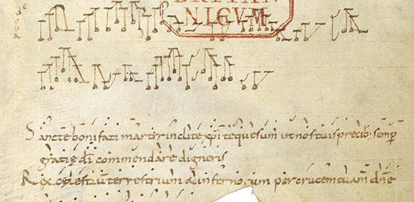 The music was written around the year 900, and represents the earliest example of polyphonic music intended for practical use. , Credit: MS Harley 3019. Reproduced with the permission of the British Library Board.