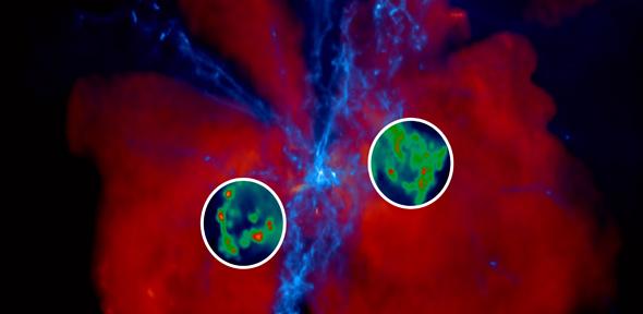 Illustration of the outflow (red) and gas flowing in to the quasar in the centre (blue). The cold clumps shown in the inset image are expelled out of the galaxy in a 'galactic hailstorm'  - See more at: http://www.cam.ac.uk/research/news/galactic-hailstorm-in-the-early-universe#sthash.VB58M8E2.dpuf