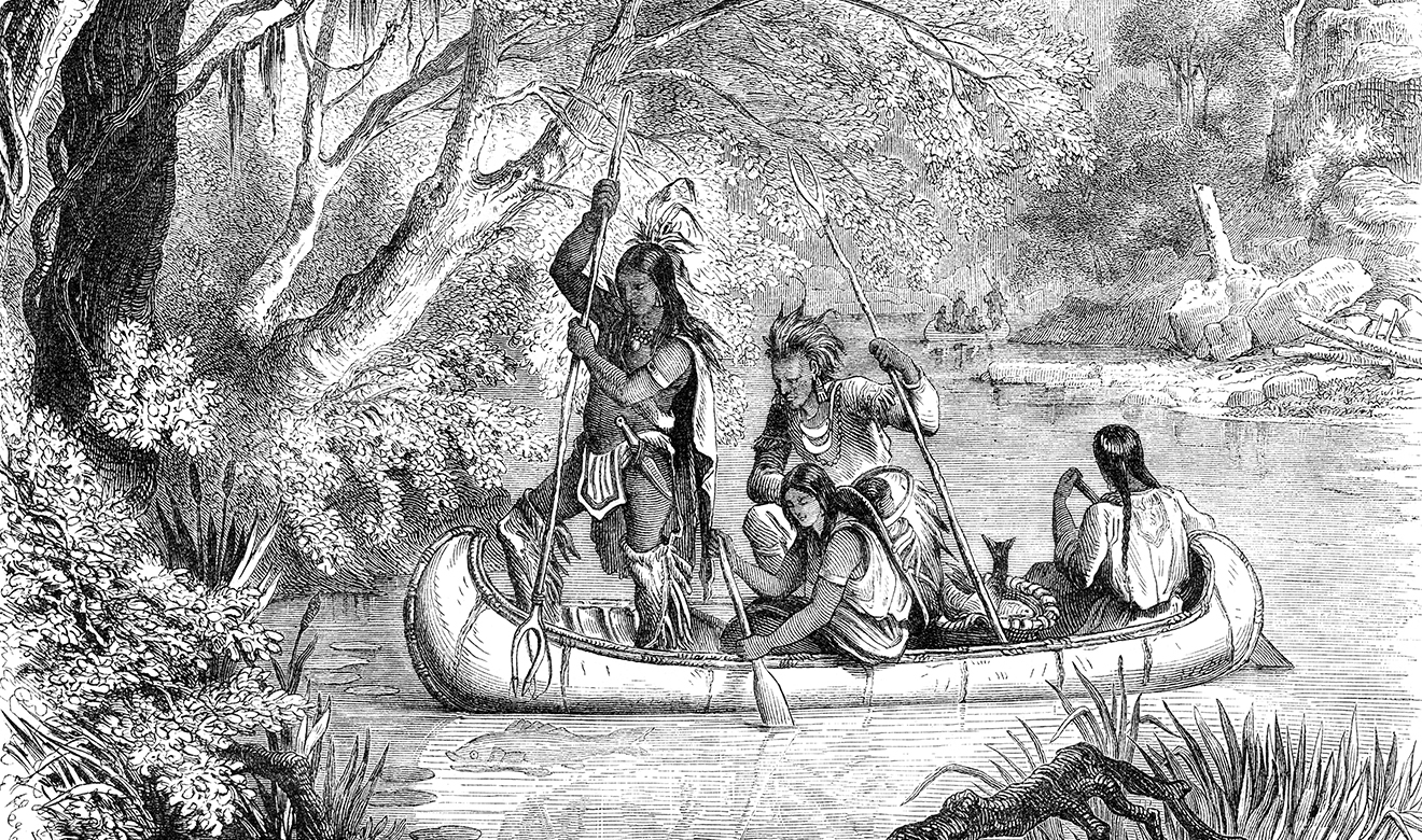 Native American fishing with spear in canoe illustration - stock illustration Native american fishing in canoe illustration, Source : Gartenlaube 1859 Drawing : E. Döpler