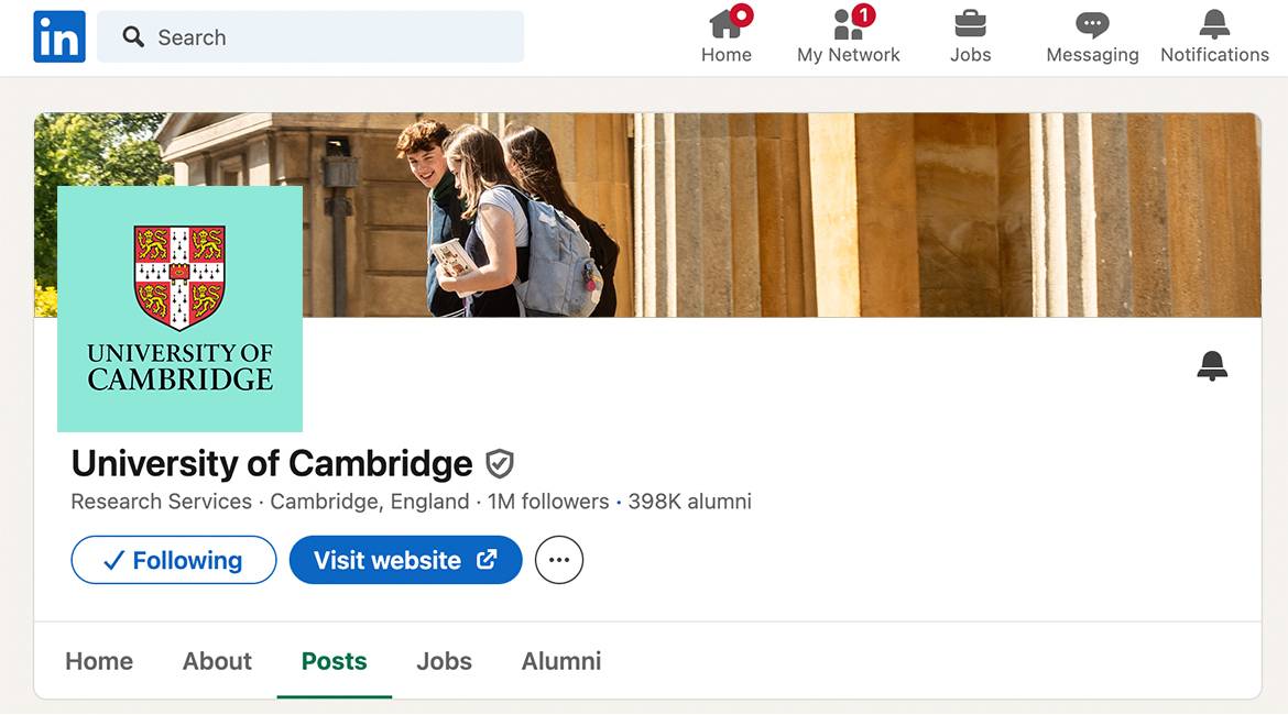 A mockup of the University of Cambridge LinkedIn account, showing profile and cover photos displaying the correct branding.