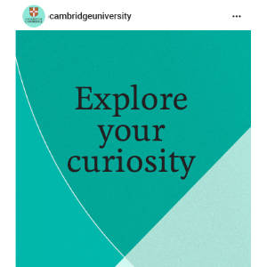 Mock up of a social media post. Background comprises an abstract of the University shield in University Blue colour. Text overlaid reads 'Explore your curiosity'.