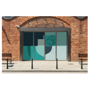 A glass fronted store or office. An abstract version of the University shield, in University Blue colour, fills the entirety of the window panes.