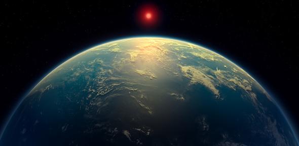 Artist's impression of the exoplanet K2-18b, with a red dwarf star behind it