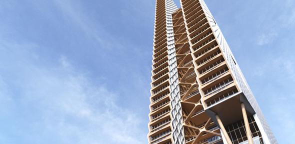 A skyscraper against a blue sky.