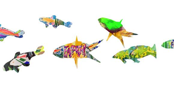 Details from artwork commissioned by the University of Cambridge Primary School featuring paintings by the pupils