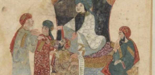 Scene depicting a husband and wife accusing each other before a quadi (judge) from Les Makamat de Hariri (1054-1122). . 