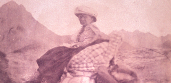 Mrs Gibson on a camel in the Sinai, 1893. 