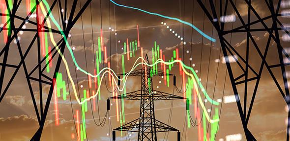 High voltage electricity towers combined with economic charts