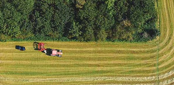 Drone view of agricultural field - a tractor is baling hay next to woodland