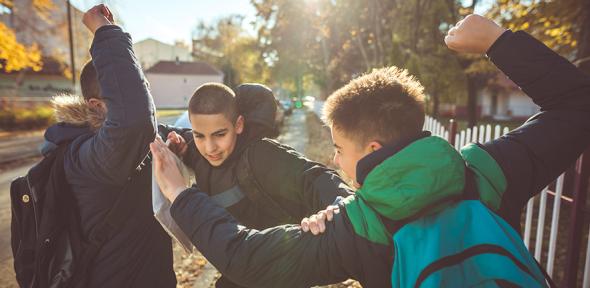Teenage boys fighting on way to school