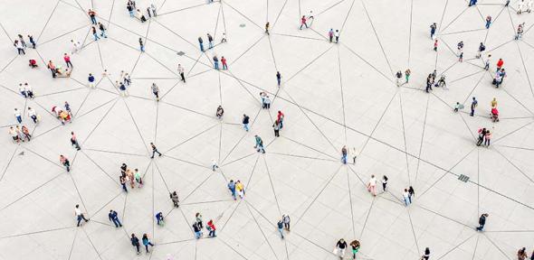 Aerial view of crowd connected by lines