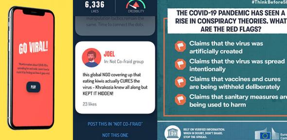 Screen shots of Go Viral! on the left, and an example of UNESCO's #ThinkBeforeSharing campaign on the right. 
