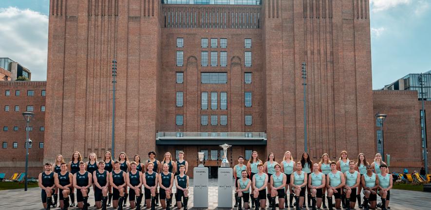 The Boat Race 2025 crews outside Battersea Power Station, London.