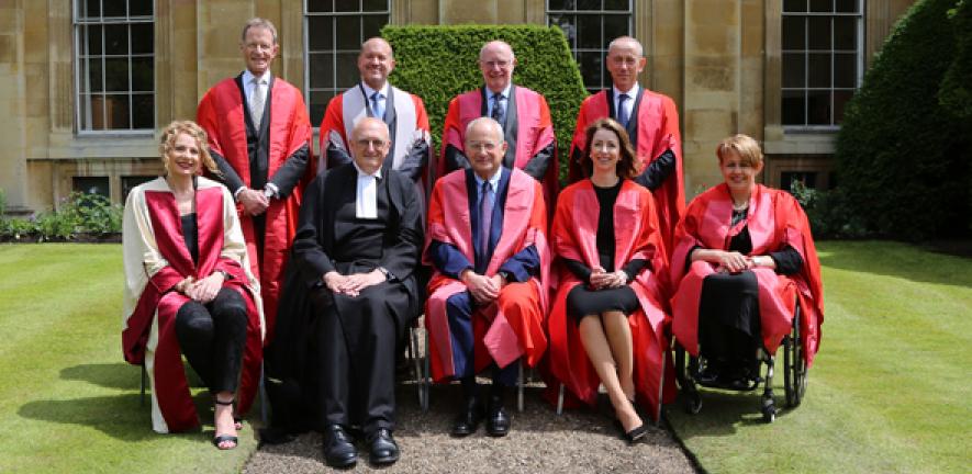 From left: Honorary graduates , Nicholas Serota, Jony Ive, Keith Peters, Helen Morrissey, Nicholas Hytner and Tanni Grey-Thompson with Vice-Chancellor Professor Sir Leszek Borysiewicz and Chancellor Lord Sainsbury