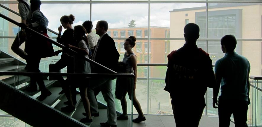 Students exploring the Law Faculty