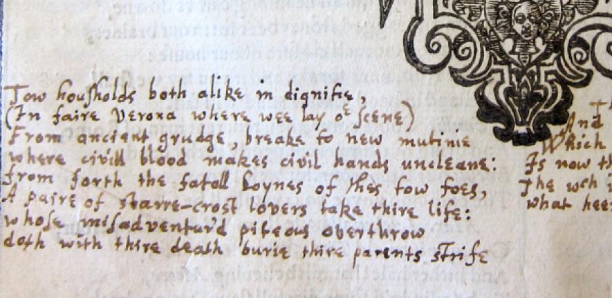 The prologue to Romeo and Juliet, transcribed on the last page of Titus Andronicus because it was omitted from the First Folio. Courtesy of the Free Library of Philadephia