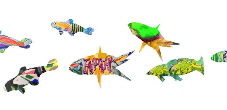 Details from artwork commissioned by the University of Cambridge Primary School featuring paintings by the pupils