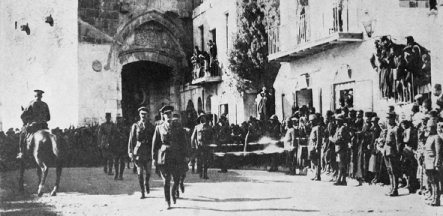 General Sir Edmund Allenby enters Jerusalem in December 1917. The widely-circulated image of him entering the Old City on foot conjured up images of Christ-like humility in the Bible in a calculated attempt to win over hearts and minds.