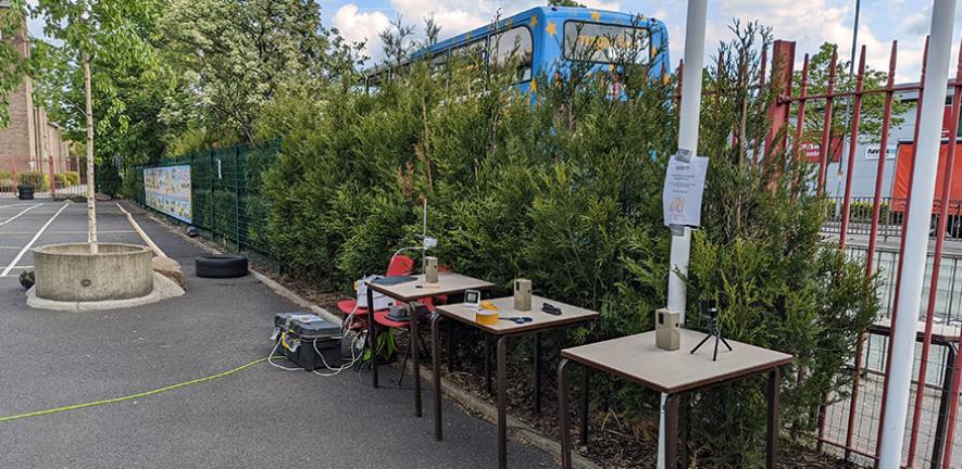 Monitoring particle air pollution either side of the tredge installed at St Ambrose primary school, Manchester.