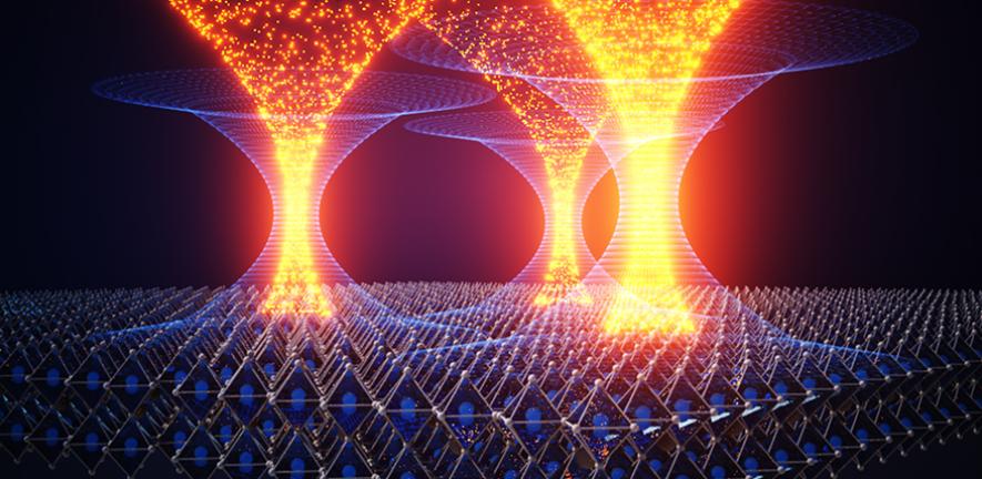 Artistic representation of electrons funneling into high quality areas of perovskite material