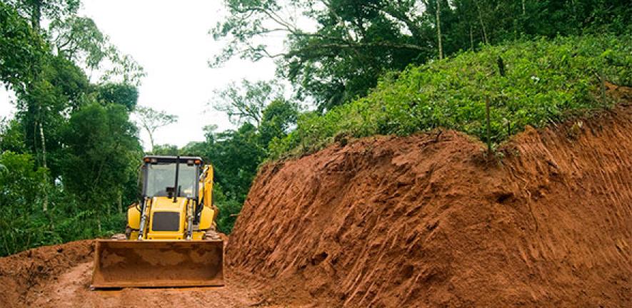 Digger making tracks in forest
