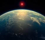 Artist's impression of the exoplanet K2-18b, with a red dwarf star behind it