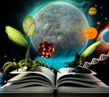 Composite graphic showing planets, vegetation, DNA and book