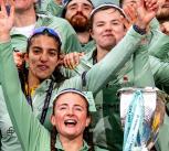 Cambridge University Men and Women's Boat Race Crews celebrate their wins