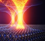 Artistic representation of electrons funneling into high quality areas of perovskite material