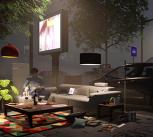 Faust Shop promotion image showing a man in his living room in a car park