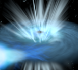 Artist’s impression depicting a compact object – either a black hole or a neutron star – feeding on gas from a companion star in a binary system.