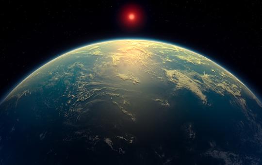 Artist's impression of the exoplanet K2-18b, with a red dwarf star behind it