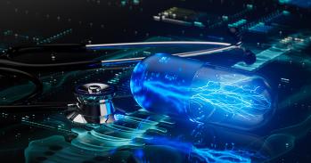Illustration of futuristic pill next to a stethoscope