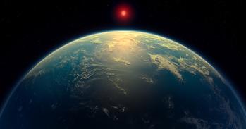 Artist's impression of the exoplanet K2-18b, with a red dwarf star behind it
