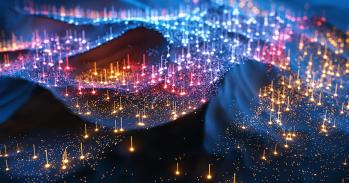 Digital generated image of multi coloured glowing data over landscape.