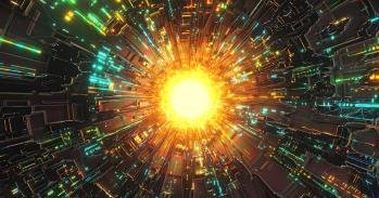 Digital generated image of abstract glowing tech data tunnel 
