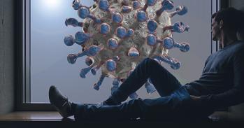 Man sat looking out of a window at a giant representation of COVID-19. Image by Gerd Altmann from Pixabay