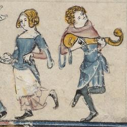 Minstrel playing music and women dancing, from Bodleian Library MS Bodl-264, 00216, fol-97v