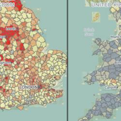 Early childhood mortality rates in 1851 (left) and 1911 (right). The highest rates are in red and the lowest in blue.