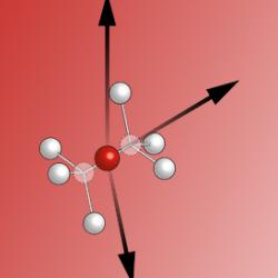 Atomic structure of the SiV- color center, consisting of an Si impurity (red) situated on an interstitial position along the bond axis and surrounded by a split-vacancy (transparent) and the next-neighbor carbon atoms (grey).