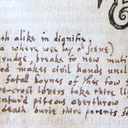 The prologue to Romeo and Juliet, transcribed on the last page of Titus Andronicus because it was omitted from the First Folio. Courtesy of the Free Library of Philadephia