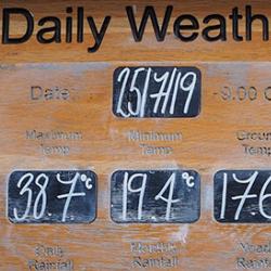 Weather board at Cambridge University Botanic Garden showing data for 25 July 2019