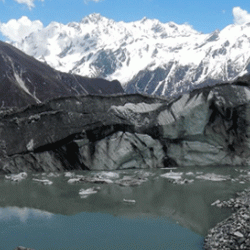 Lake on the surface of Lirung Glacier. The rapid drainage of such lakes may cause flooding downstream and may have contributed to devastating mudflows during the earthquake. 
