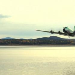A plane drops a bouncing bomb at Mackenzie, British Columbia, where researchers successfully reconstructed the Dambusters mission of World War II. 