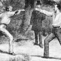 "The Code Of Honor—A Duel In The Bois De Boulogne, Near Paris", wood engraving by Godefroy Durand