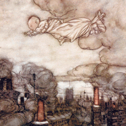 'Away he flew, right over the houses to the Gardens': illustration by Arthur Rackham for 'Peter Pan in Kensington Gardens'