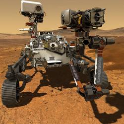 Illustration of NASA's Perseverance rover operating on the surface of Mars.