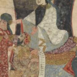 Scene depicting a husband and wife accusing each other before a quadi (judge) from Les Makamat de Hariri (1054-1122). . 