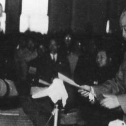 General Chen Yi of China accepts the surrender of Andō Rikichi, the Japanese Governor-General of Taiwan. The collapse of Japanese Imperial rule in the area marked the beginning of a new era for both countries.