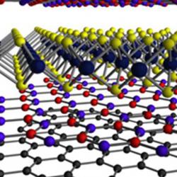 Detail from a hybrid three-dimensional heterostructure consisting of graphene, boron nitride and molybdenum disulphide in two dimensional layers.